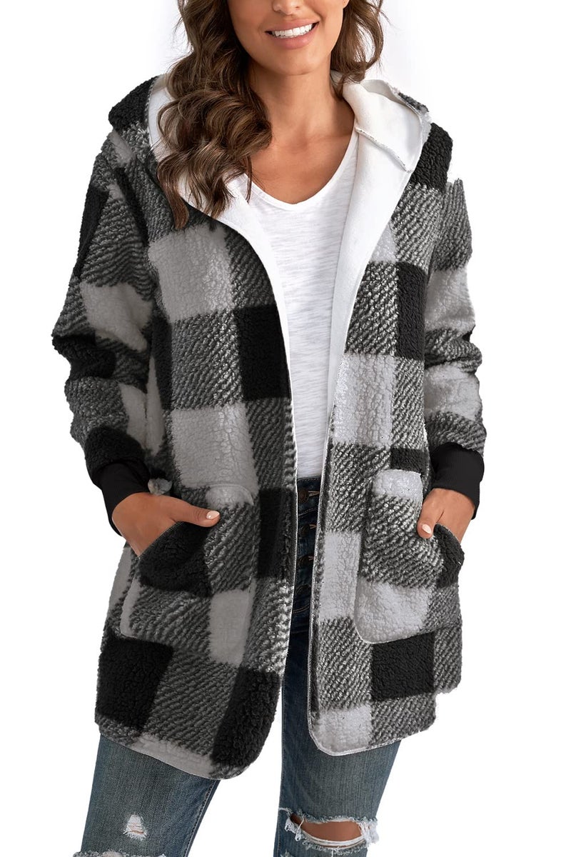 Yanekop Womens Fuzzy Fleece Jacket Oversized Cozy Lounge Sweater Cardigan Long Plus Size Cardigan Winter Coats Outerwear(A Black Grey,3XL) - Image 1