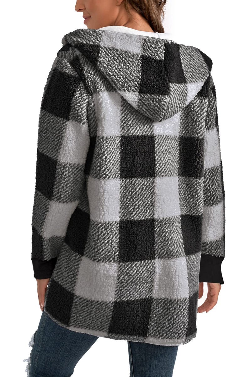 Yanekop Womens Fuzzy Fleece Jacket Oversized Cozy Lounge Sweater Cardigan Long Plus Size Cardigan Winter Coats Outerwear(A Black Grey,3XL) - Image 4