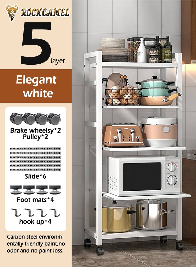 ROCKCAMEL 5-Layer Kitchen Storage Rack With Pull-Out Layer, Movable Home Storage Rack, Storage Rack Multifunctional Rack, Suitable For Living Room Bedroom Garage, Easy To Assemble (White, 55x32x130cm)  - Image 4