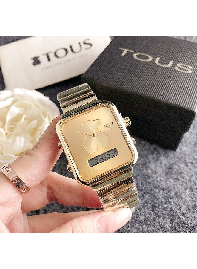 TOUS Square Dial Watch with Golden Bear Motif and Digital Display