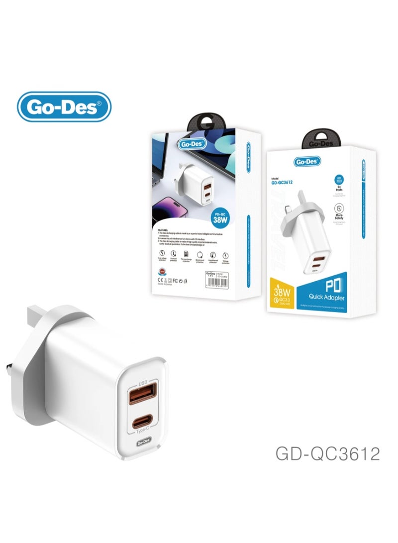Go-Des 38W PD + QC 3.0 Dual-Port Fast Travel Charger USB-C USB-A Wall Adapter with Smart Protection - Image 1