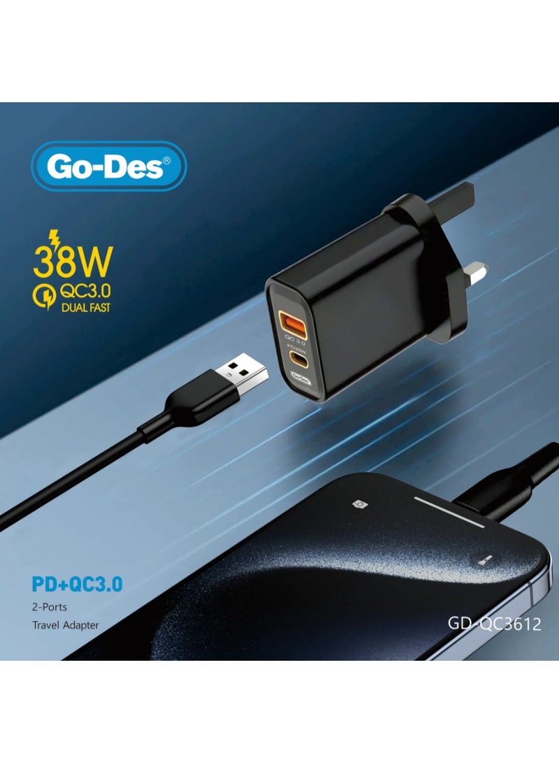 Go-Des 38W PD + QC 3.0 Dual-Port Fast Travel Charger USB-C USB-A Wall Adapter with Smart Protection - Image 3
