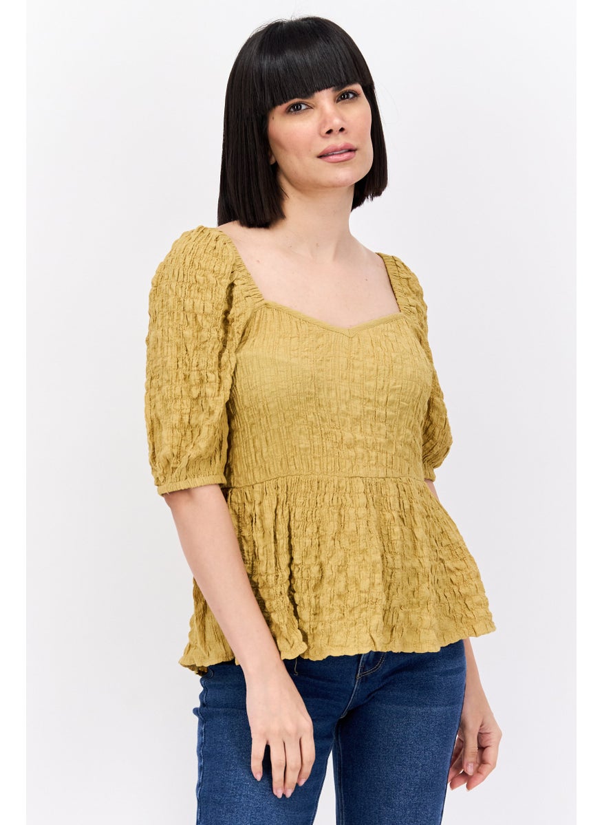Vila Women V Neck Short Sleeve Textured Blouse, Yellow  - Image 1