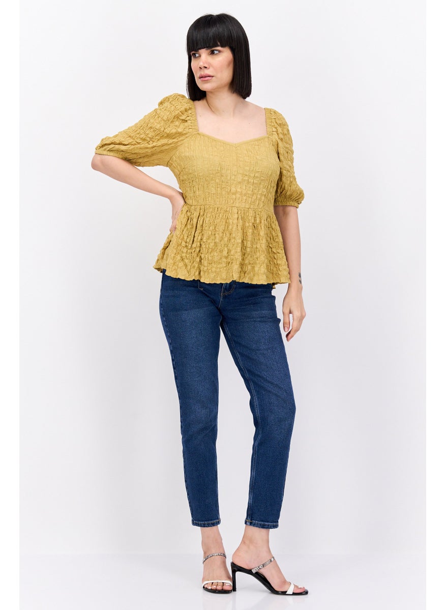 Vila Women V Neck Short Sleeve Textured Blouse, Yellow  - Image 3