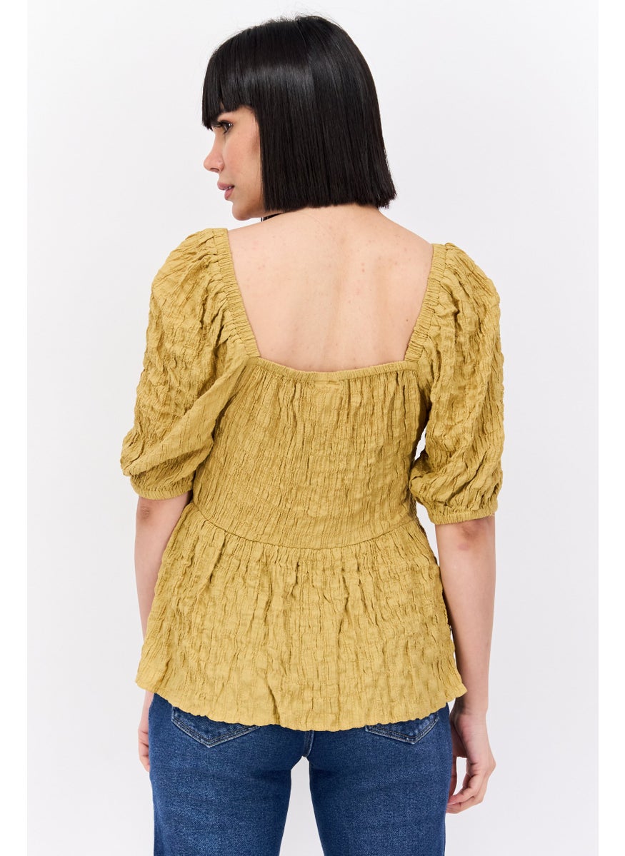 Vila Women V Neck Short Sleeve Textured Blouse, Yellow  - Image 2
