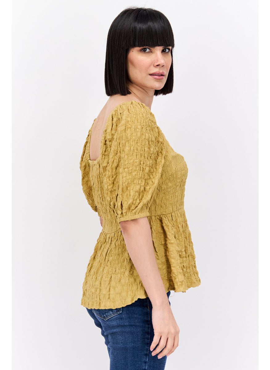 Vila Women V Neck Short Sleeve Textured Blouse, Yellow  - Image 4