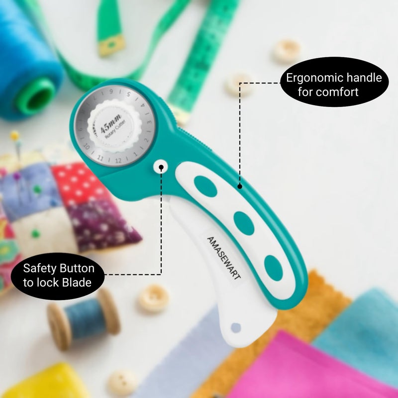 AMASEWART 45mm Rotary Cutter and Mat Set, Fabric Cutter Wheel and 12x18 Inch Self Healing Sewing Cutting Mat, Fabric Rotary Cutter with 5pcs Rotary Blades for Quilting Patchworking Crafts, Turquoise - Image 4