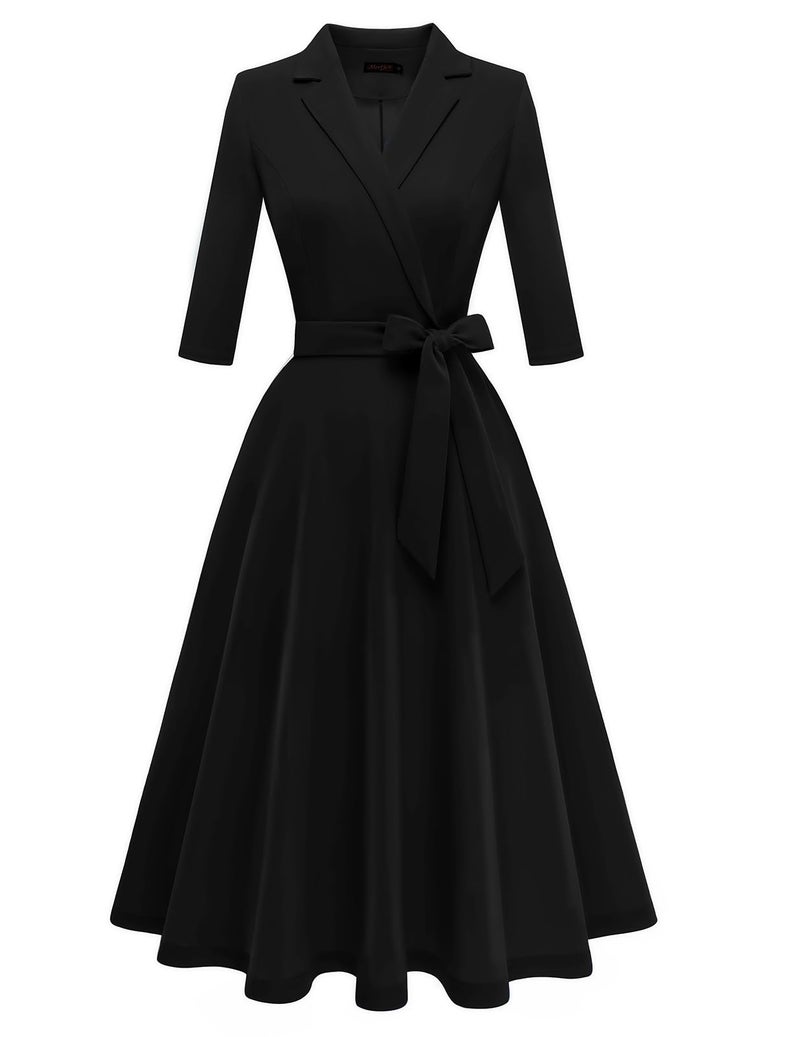 Meetjen Womens Vintage Tea Dress 2026 Swing 3/4 Sleeve Cocktail Party Formal Church Work Funeral Dresses,Black,S - Image 1