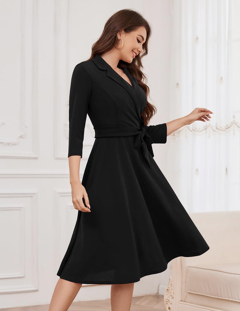 Meetjen Womens Vintage Tea Dress 2026 Swing 3/4 Sleeve Cocktail Party Formal Church Work Funeral Dresses,Black,S - Image 2