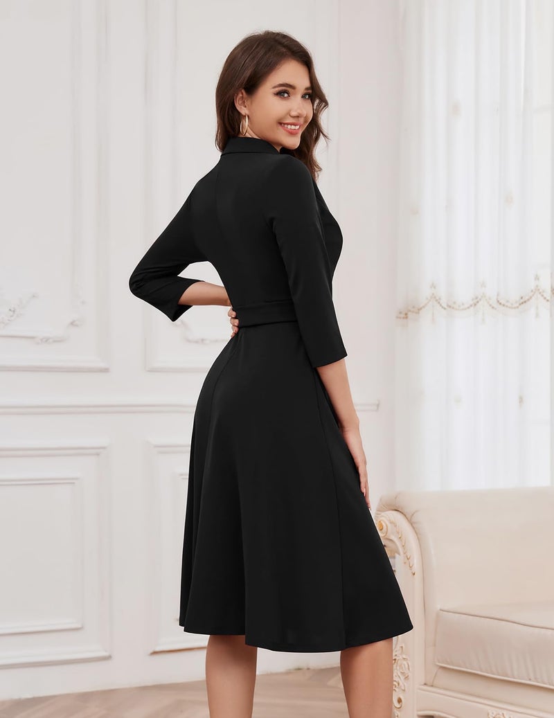 Meetjen Womens Vintage Tea Dress 2026 Swing 3/4 Sleeve Cocktail Party Formal Church Work Funeral Dresses,Black,S - Image 3