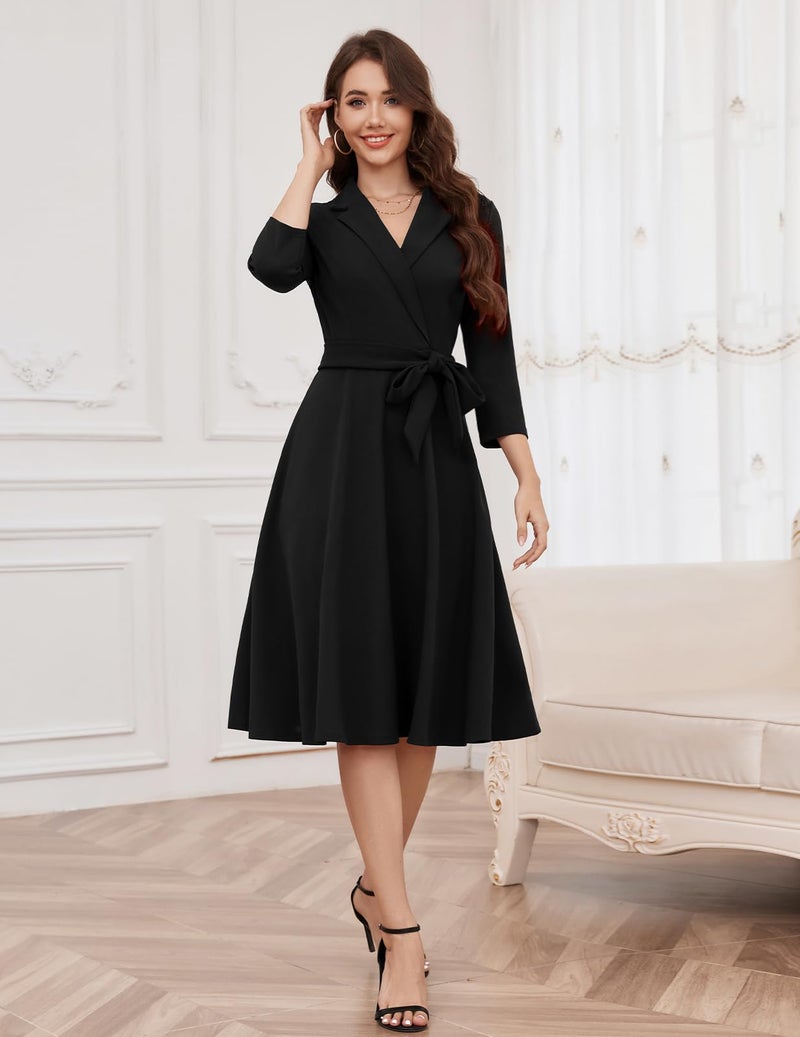 Meetjen Womens Vintage Tea Dress 2026 Swing 3/4 Sleeve Cocktail Party Formal Church Work Funeral Dresses,Black,S - Image 4