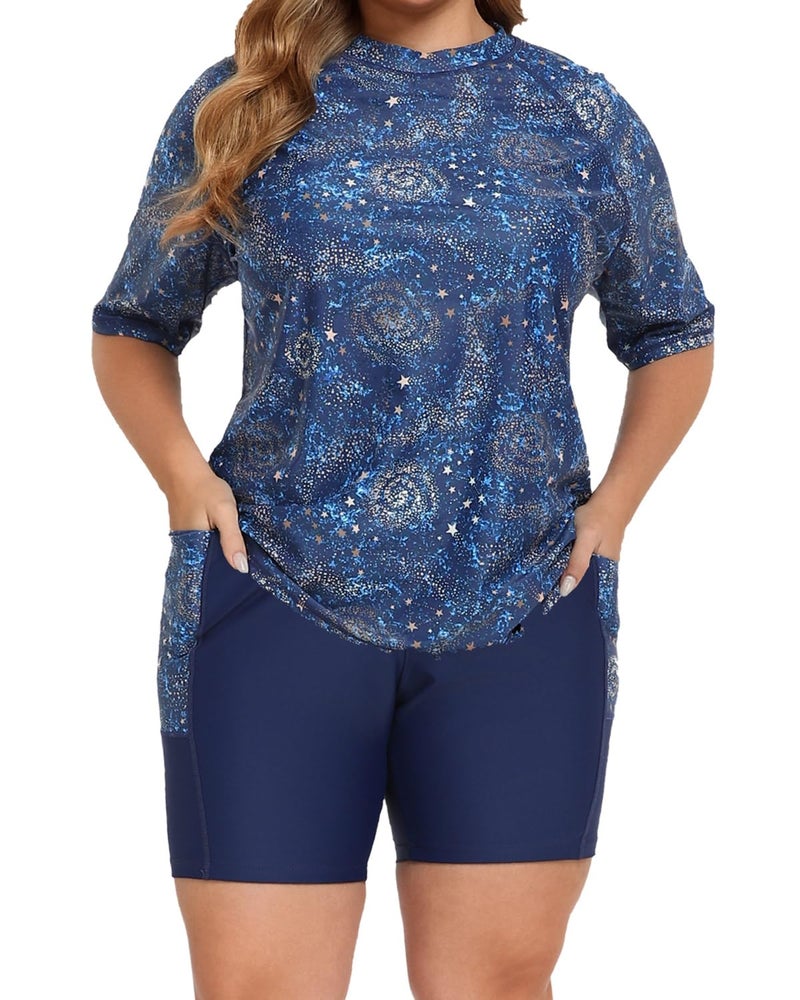 Halcurt Women Swim Shirt Plus Size Shelf Bra Wo Piece Swimsuit Bathing Suits with Shorts Blue Galaxy 3X