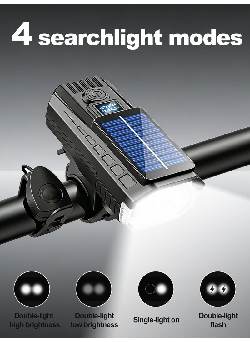 مصباح دراجة، مصباح دراجة يعمل بالطاقة الشمسية وقابل لإعادة الشحن عبر USB-C مزود ببطارية 1500mAh، 4 أوضاع إضاءة، بوق أمان 120dB، وشاشة LCD لعرض الطاقة - Image 1