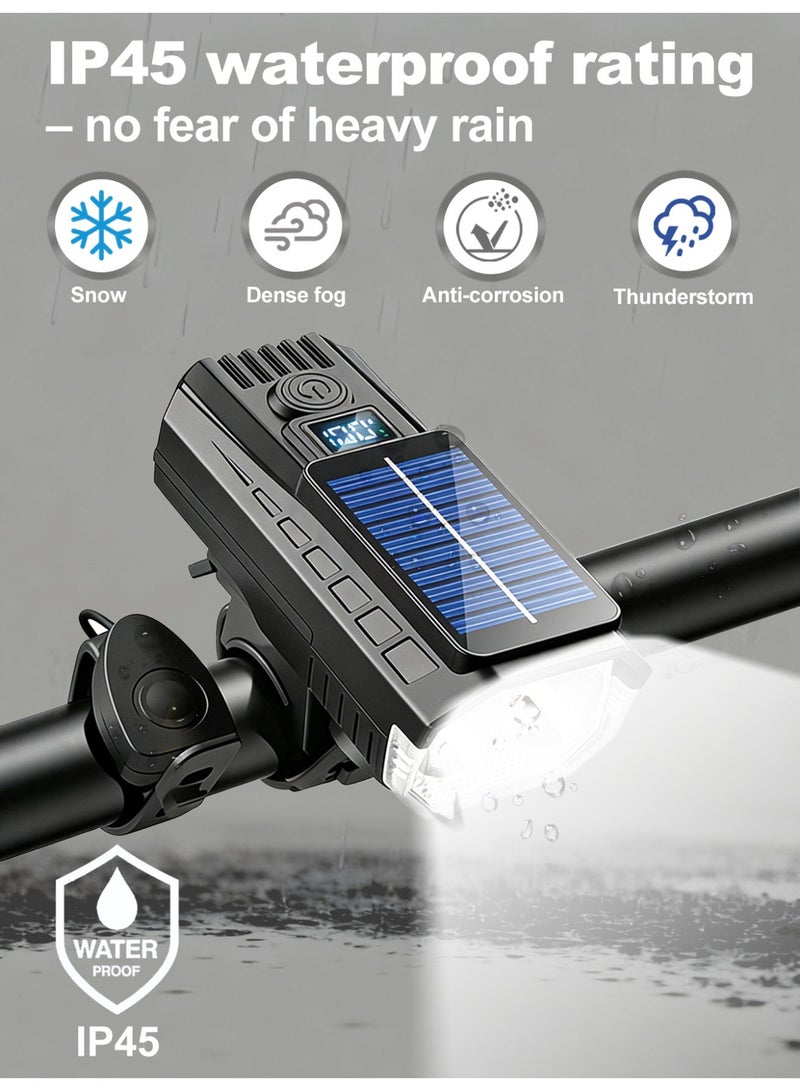 مصباح دراجة، مصباح دراجة يعمل بالطاقة الشمسية وقابل لإعادة الشحن عبر USB-C مزود ببطارية 1500mAh، 4 أوضاع إضاءة، بوق أمان 120dB، وشاشة LCD لعرض الطاقة - Image 5