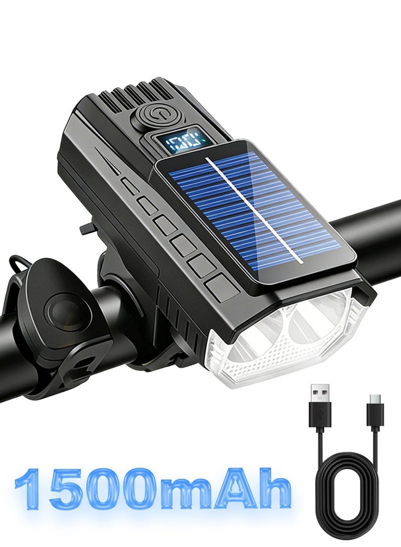 مصباح دراجة، مصباح دراجة يعمل بالطاقة الشمسية وقابل لإعادة الشحن عبر USB-C مزود ببطارية 1500mAh، 4 أوضاع إضاءة، بوق أمان 120dB، وشاشة LCD لعرض الطاقة - Image 2