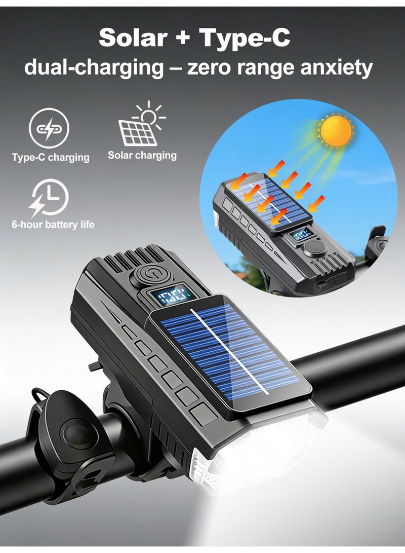 مصباح دراجة، مصباح دراجة يعمل بالطاقة الشمسية وقابل لإعادة الشحن عبر USB-C مزود ببطارية 1500mAh، 4 أوضاع إضاءة، بوق أمان 120dB، وشاشة LCD لعرض الطاقة - Image 4