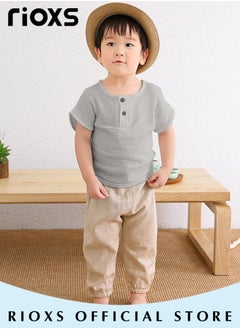 RIOXS 2PCS T-Shirt and Pants Set, Short Sleeved Cotton Shirt and Linen-cotton Pants, Fashionable Outfit for Toddlers, Comfortable Skin-friendly Summer Suit for Kids, Suitable for Daily Wear, Home Wear or Photography Dressing  - Image 2