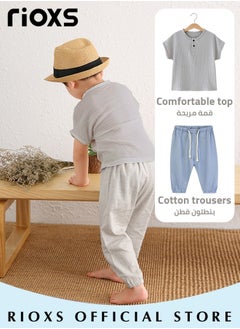 RIOXS 2PCS T-Shirt and Pants Set, Short Sleeved Cotton Shirt and Linen-cotton Pants, Fashionable Outfit for Toddlers, Comfortable Skin-friendly Summer Suit for Kids, Suitable for Daily Wear, Home Wear or Photography Dressing  - Image 4
