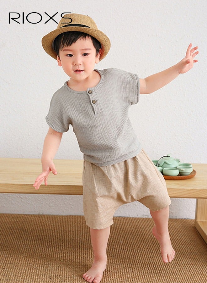 RIOXS 2PCS T-Shirt and Pants Set, Short Sleeved Cotton Shirt and Linen-cotton Pants, Fashionable Outfit for Toddlers, Comfortable Skin-friendly Summer Suit for Kids, Suitable for Daily Wear, Home Wear or Photography Dressing - Image 1