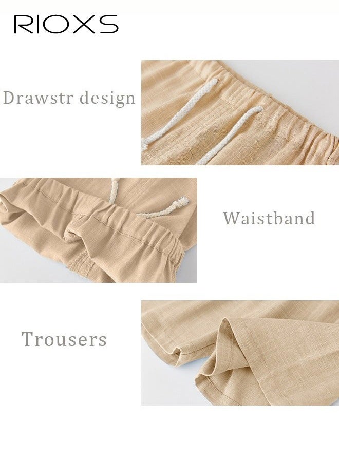 RIOXS 2PCS T-Shirt and Pants Set, Short Sleeved Cotton Shirt and Linen-cotton Pants, Fashionable Outfit for Toddlers, Comfortable Skin-friendly Summer Suit for Kids, Suitable for Daily Wear, Home Wear or Photography Dressing - Image 3