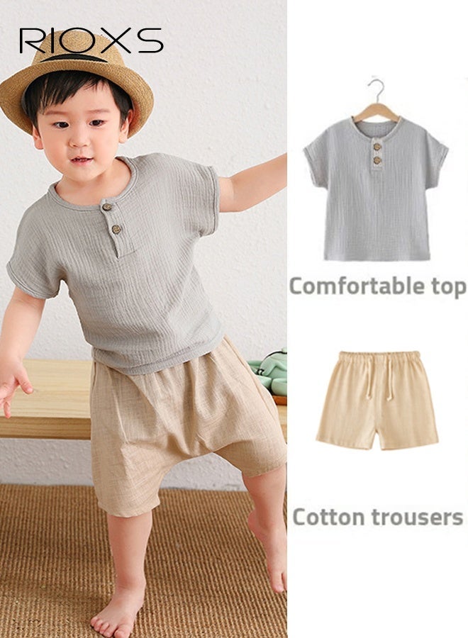 RIOXS 2PCS T-Shirt and Pants Set, Short Sleeved Cotton Shirt and Linen-cotton Pants, Fashionable Outfit for Toddlers, Comfortable Skin-friendly Summer Suit for Kids, Suitable for Daily Wear, Home Wear or Photography Dressing - Image 4