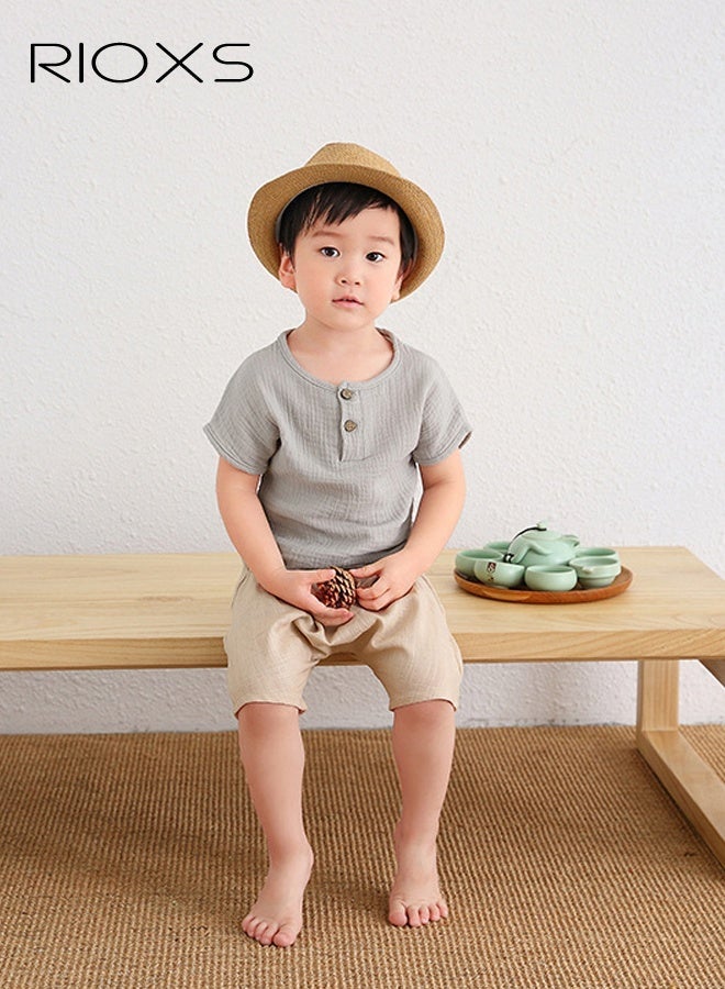 RIOXS 2PCS T-Shirt and Pants Set, Short Sleeved Cotton Shirt and Linen-cotton Pants, Fashionable Outfit for Toddlers, Comfortable Skin-friendly Summer Suit for Kids, Suitable for Daily Wear, Home Wear or Photography Dressing - Image 5