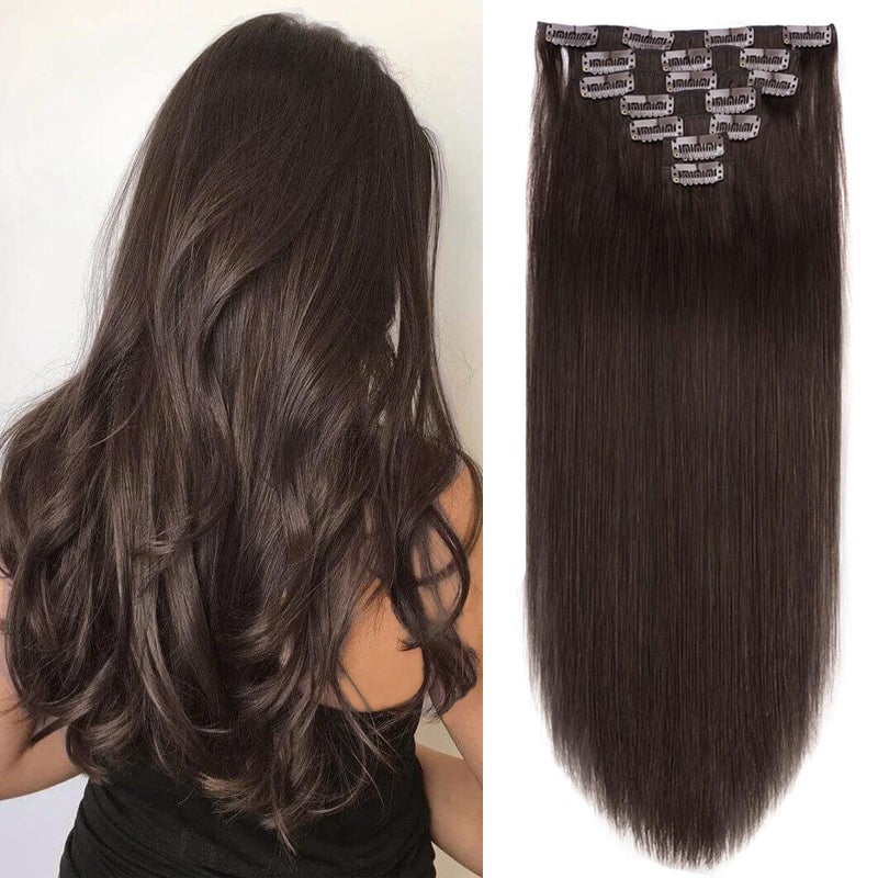 FAAAL 18 Clip in Human Hair Extensions Full Head 150g 7 Pieces 16 Clips 2 Dark Brown Double Weft Brazilian Real Remy Hair Extensions Thick Straight Silky 18150g Dark Brown