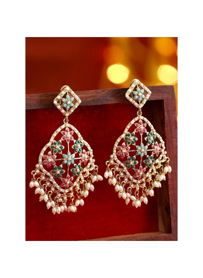 Rubans 22K Antique Gold plated Multicolour Pearl Studded Statement Chandbali Earrings - Image 2