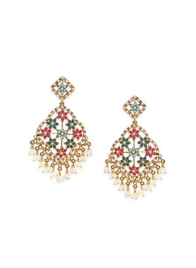 Rubans 22K Antique Gold plated Multicolour Pearl Studded Statement Chandbali Earrings - Image 1