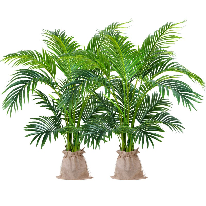 Worth Garden 4ft Artificial Areca Palm Plant 2 Packs in Pot, Fake Cane Palm Silk Tree Indoor Outdoor, Dypsis Lutescens, 47in Lifelike Faux Silk Plant Home Decor, Two Linen Bags Included - Image 1