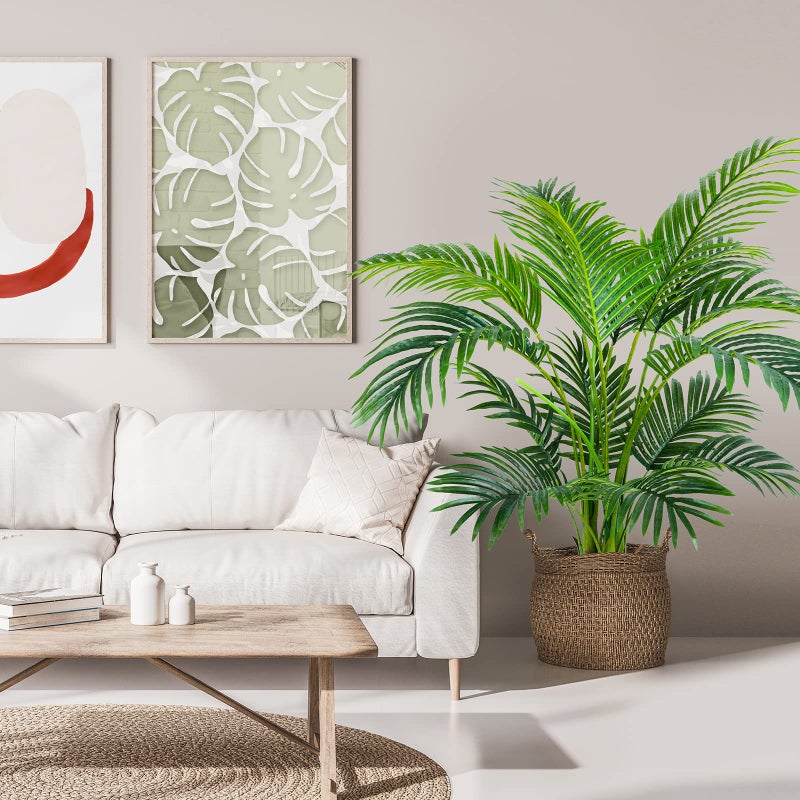 Worth Garden 4ft Artificial Areca Palm Plant 2 Packs in Pot, Fake Cane Palm Silk Tree Indoor Outdoor, Dypsis Lutescens, 47in Lifelike Faux Silk Plant Home Decor, Two Linen Bags Included - Image 3