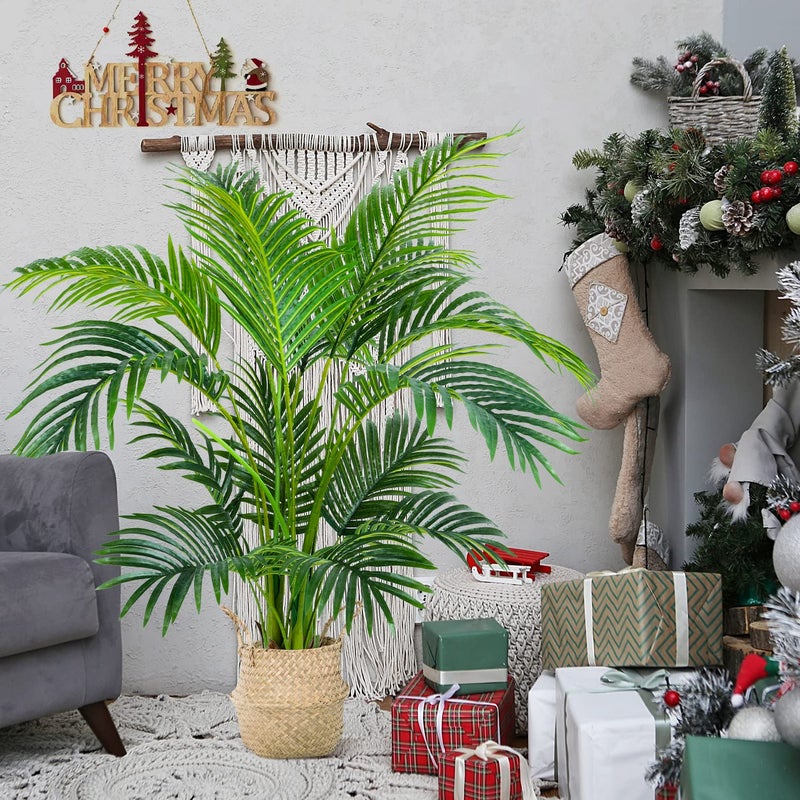 Worth Garden 4ft Artificial Areca Palm Plant 2 Packs in Pot, Fake Cane Palm Silk Tree Indoor Outdoor, Dypsis Lutescens, 47in Lifelike Faux Silk Plant Home Decor, Two Linen Bags Included - Image 2