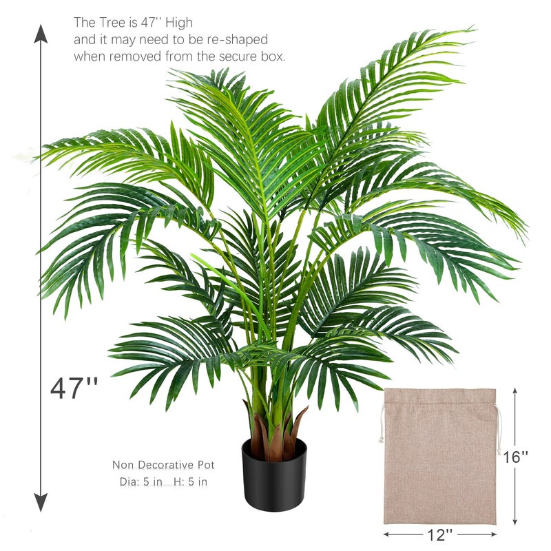 Worth Garden 4ft Artificial Areca Palm Plant 2 Packs in Pot, Fake Cane Palm Silk Tree Indoor Outdoor, Dypsis Lutescens, 47in Lifelike Faux Silk Plant Home Decor, Two Linen Bags Included - Image 4