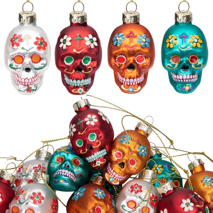 12pcs Day of The Dead Glass Ornaments Dia De Los Muertos Sugar Skull Skeleton Head Ornaments for Christmas Tree Hanging Decorations