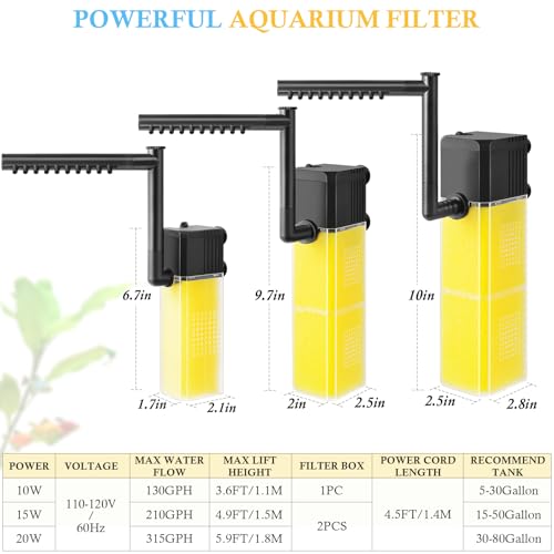FEDOUR 10W 15W 20W Aquarium Submersible Filter, Quiet Fish Tank Internal Filter with Spray Bar, Powerful Aquarium Filter for 5-80 Gallon Tank (10W for 5-30Gallon) - Image 2