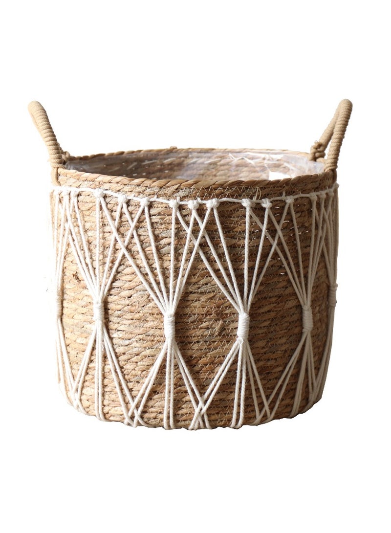 Handwoven Seagrass Basket with Macrame Design Boho Storage Bin with Handles for Laundry, Blankets, Toys, or Planter Decorative Woven Basket for Home & Living Room