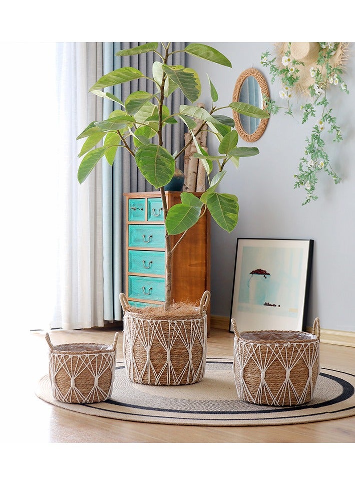 Handwoven Seagrass Basket with Macrame Design Boho Storage Bin with Handles for Laundry, Blankets, Toys, or Planter Decorative Woven Basket for Home & Living Room
