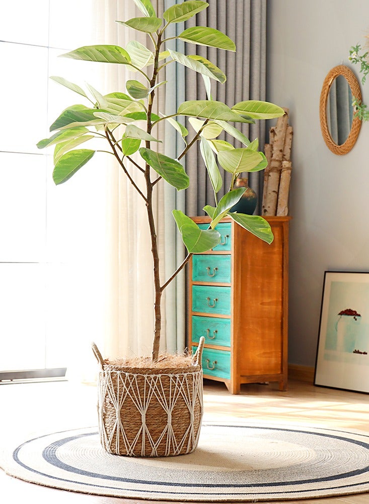 Handwoven Seagrass Basket with Macrame Design Boho Storage Bin with Handles for Laundry, Blankets, Toys, or Planter Decorative Woven Basket for Home & Living Room