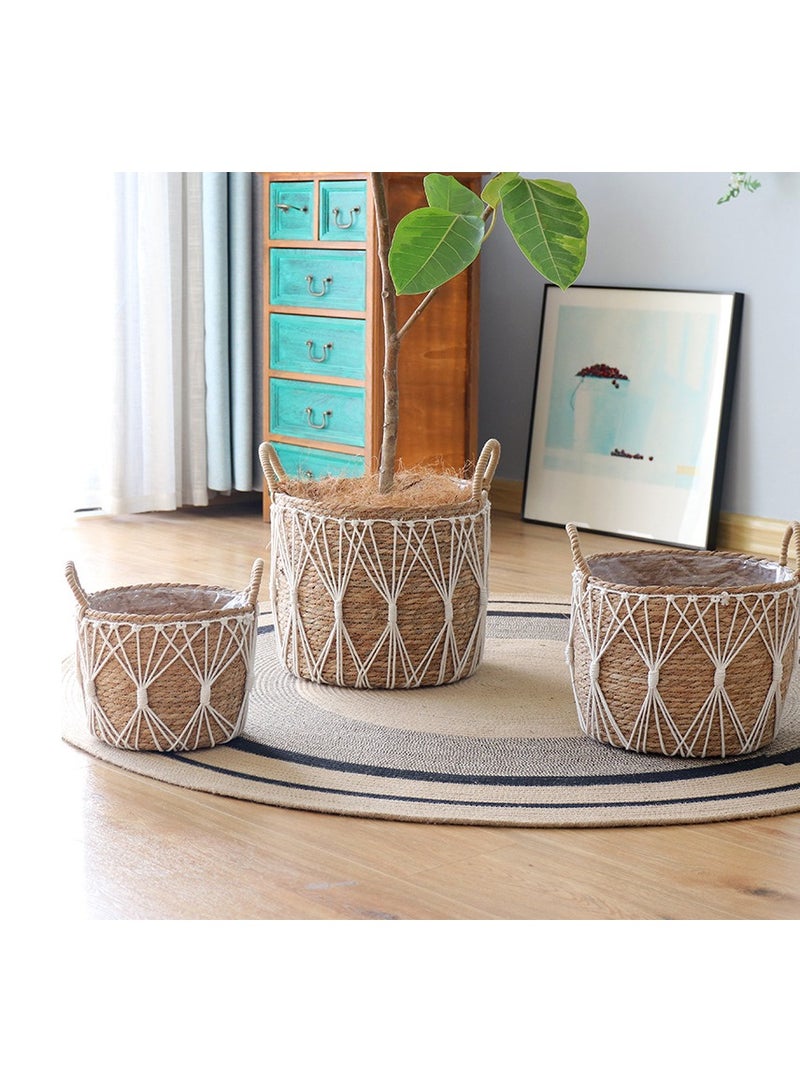 Handwoven Seagrass Basket with Macrame Design Boho Storage Bin with Handles for Laundry, Blankets, Toys, or Planter Decorative Woven Basket for Home & Living Room