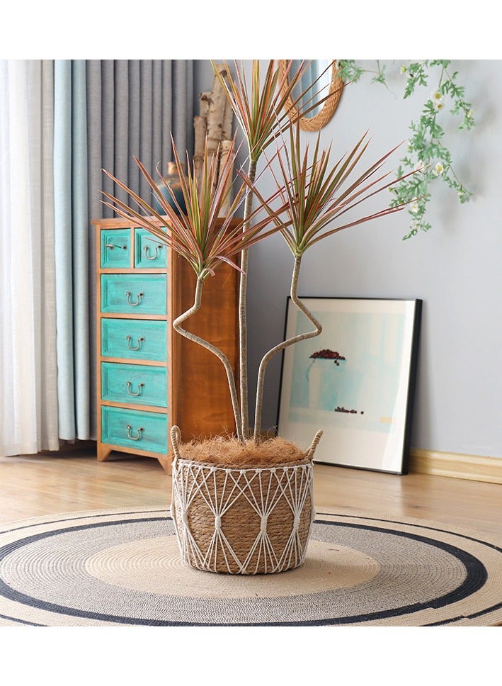 Handwoven Seagrass Basket with Macrame Design Boho Storage Bin with Handles for Laundry, Blankets, Toys, or Planter Decorative Woven Basket for Home & Living Room