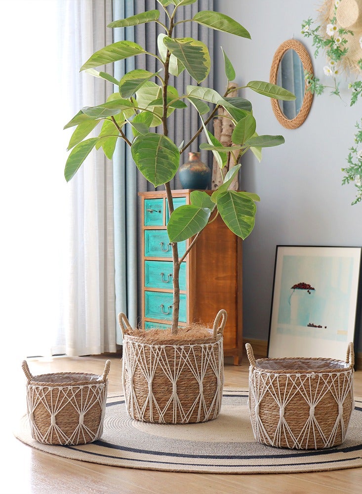 Handwoven Seagrass Basket with Macrame Design Boho Storage Bin with Handles for Laundry, Blankets, Toys, or Planter Decorative Woven Basket for Home & Living Room