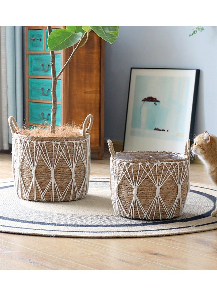 Handwoven Seagrass Basket with Macrame Design Boho Storage Bin with Handles for Laundry, Blankets, Toys, or Planter Decorative Woven Basket for Home & Living Room