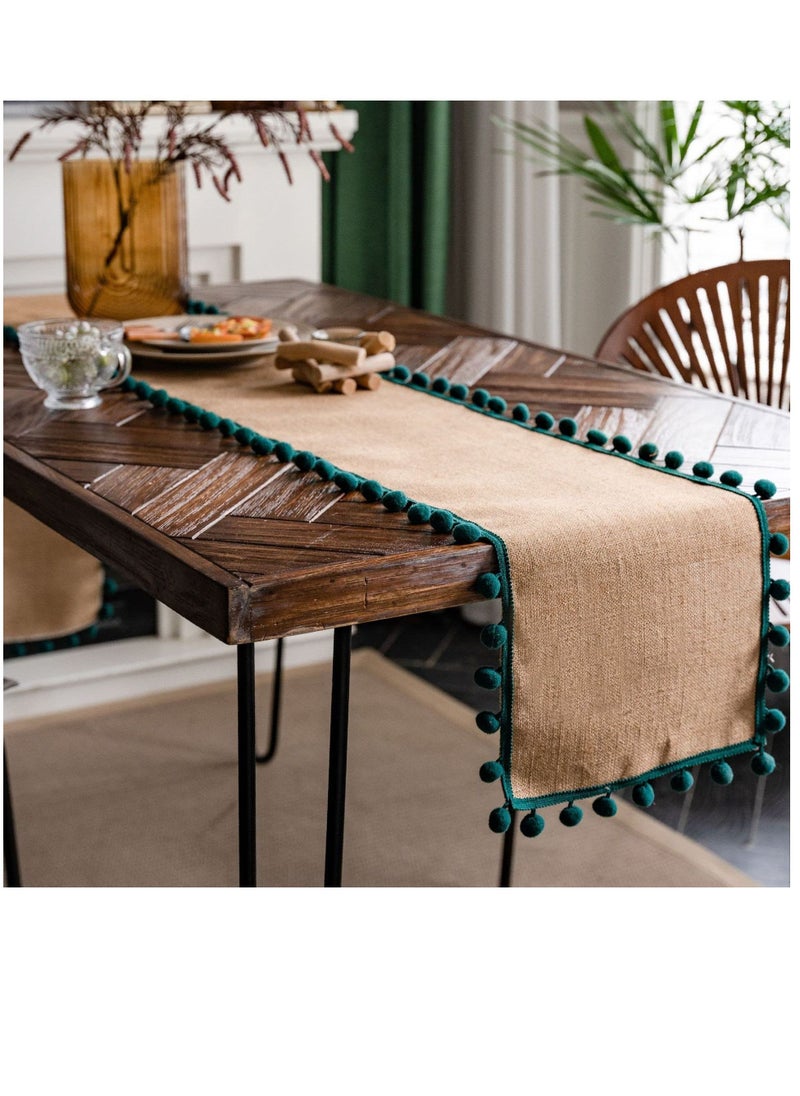 Y&D - Jute Burlap Table Runner, Rustic Tablecloth with Ball Fringe for Home Praty Decoration (Green,30×180cm) - Image 1
