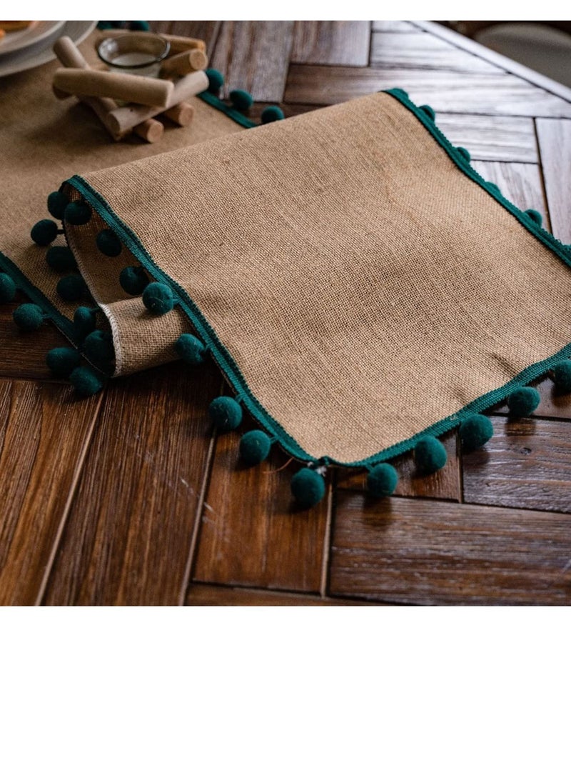 Y&D - Jute Burlap Table Runner, Rustic Tablecloth with Ball Fringe for Home Praty Decoration (Green,30×180cm) - Image 1