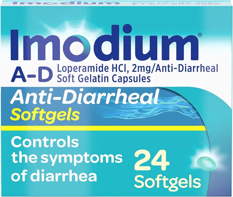 IMODIUM دواء أ-دي المضاد للإسهال كبسولات لينة تحتوي على 2 ملغ من لوبيراميد هيدروكلوريد لكل كبسولة، تخفيف الإسهال للمساعدة في السيطرة على الأعراض الناتجة عن الإسهال الحاد، النشط وإسهال المسافرين، 24 حبة. - Image 1