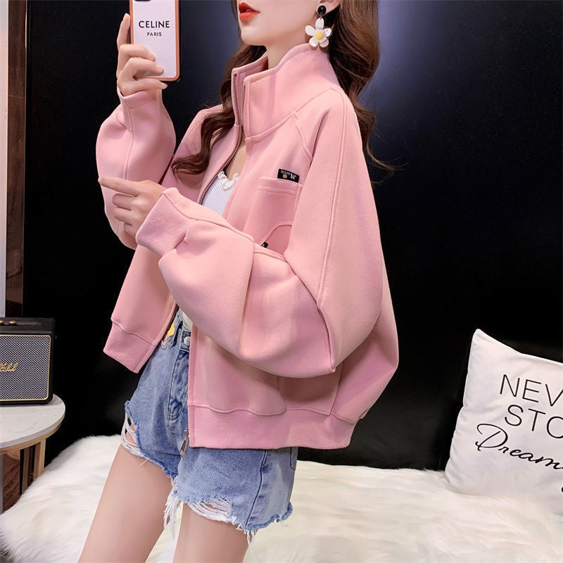 2024 New Short Jacket Zip-Up Hoodie for Women Spring Autumn Pink 9481 [spring and autumn new]]