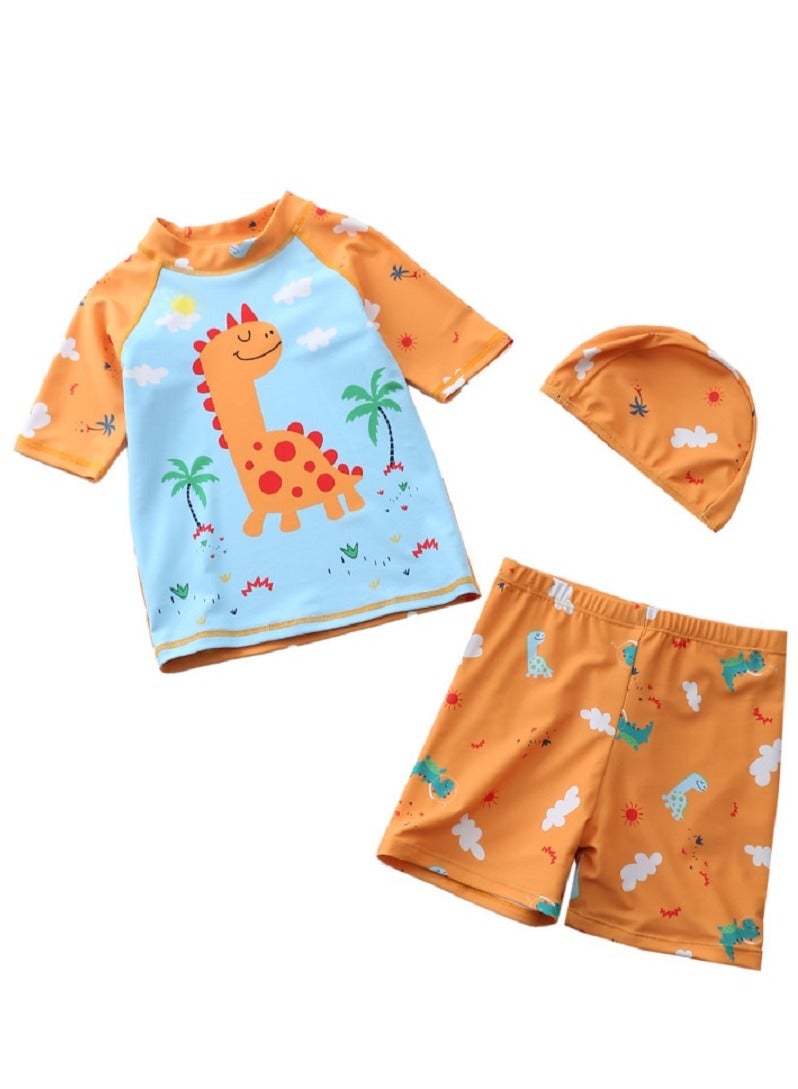 3-piece fashionable boy cartoon printed one piece swimsuit short sleeved sun protection children's water sports with hat 100-110cm
