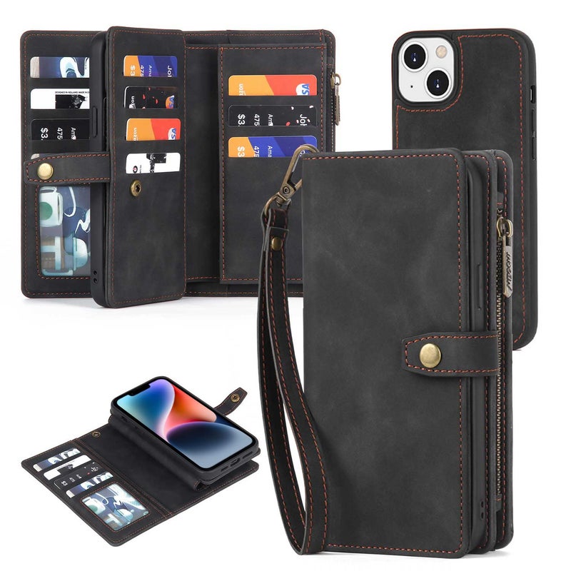 TwoHead for iPhone 13 Wallet Case with Card Holder,Detachable Magnetic Phone Case with Wallet PU Leather Wallet Phone Case for iPhone 13 Case Wallet for Women/Men with Wrist Strap(Black) - Image 1