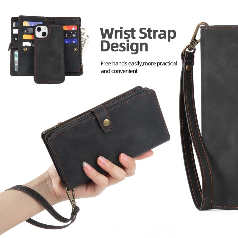TwoHead for iPhone 13 Wallet Case with Card Holder,Detachable Magnetic Phone Case with Wallet PU Leather Wallet Phone Case for iPhone 13 Case Wallet for Women/Men with Wrist Strap(Black) - Image 4