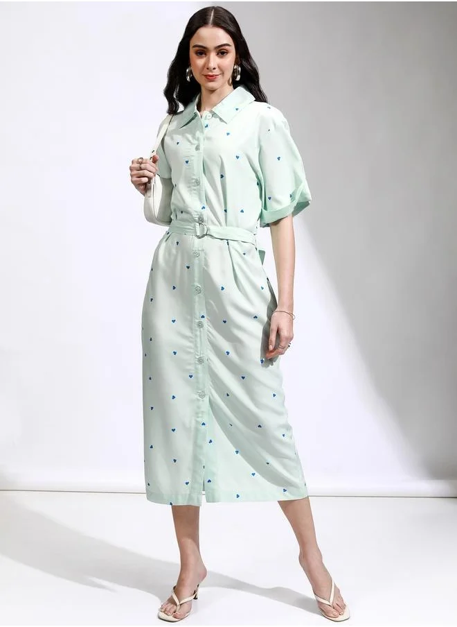 Tokyo Talkies All-Over Heart Print Collared Shirt Midi Dress